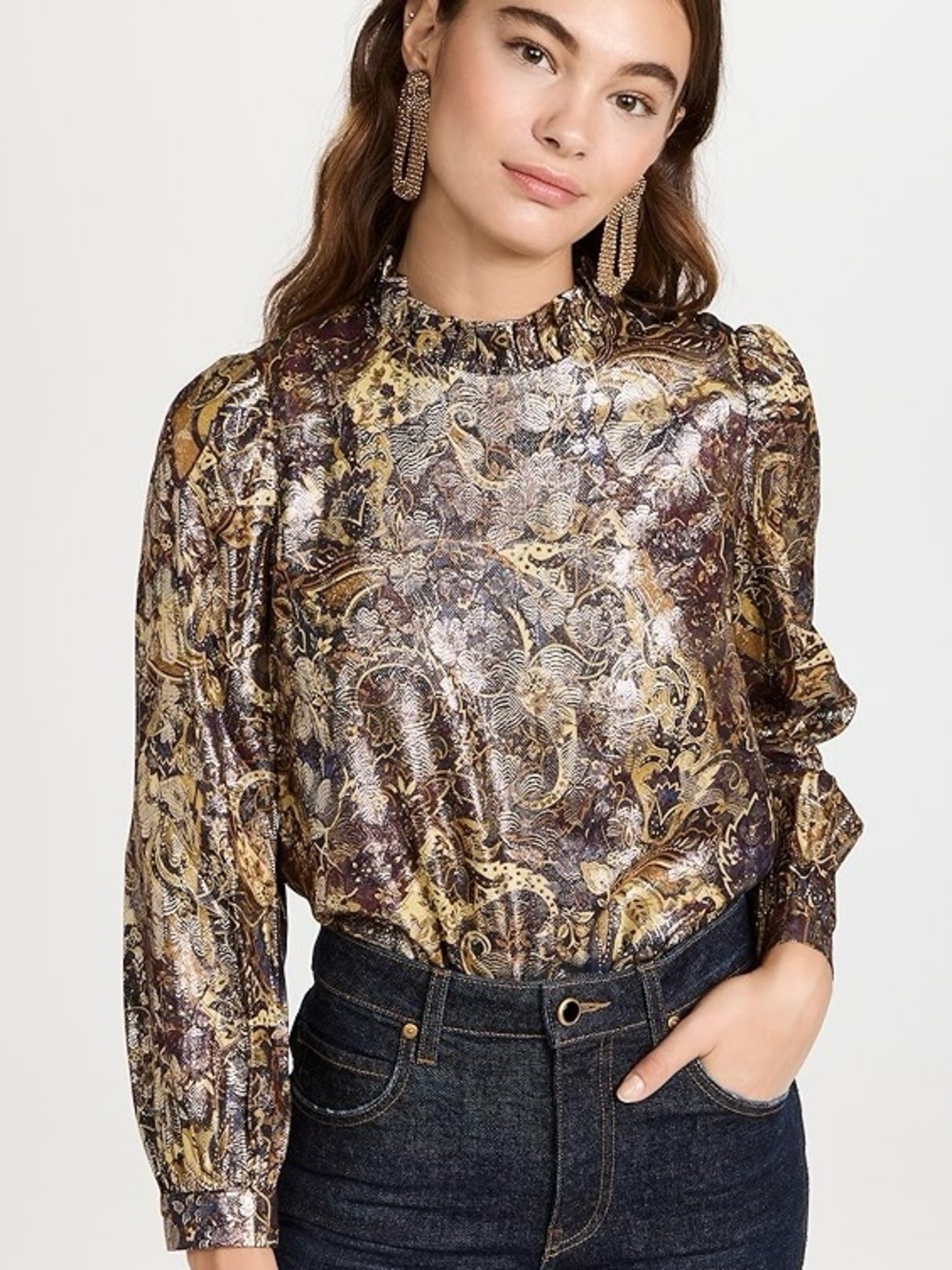 Ba&sh Top Calo Blouse Long Sleeve High Neck Metallic Floral Bordeaux Gold Sz S